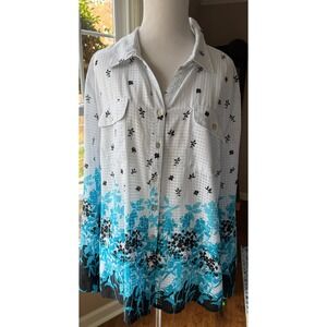 Kim Rogers Womens XL Button Up Shirt Floral Print White Blue Long Sleeve Top
